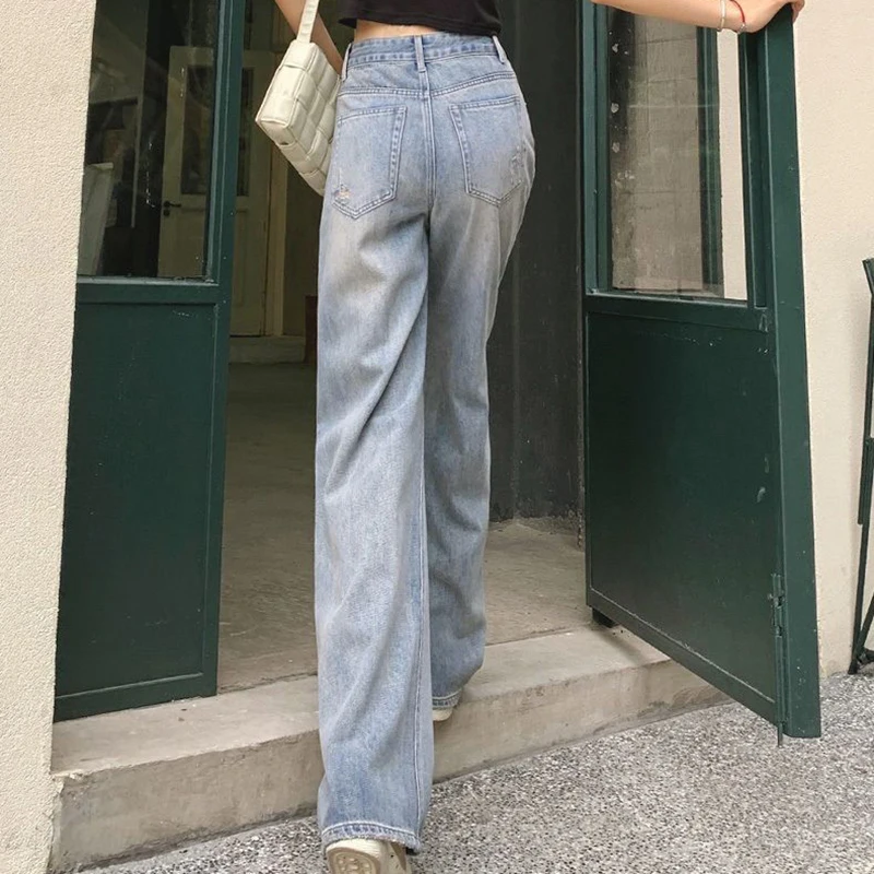Straight jeans, women's summer thin fashion letter pattern embroidered loose mop pants, high waisted wide leg pants