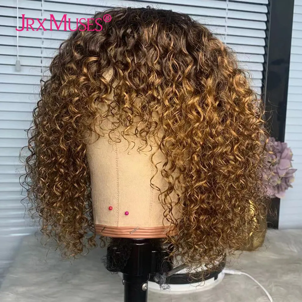 Curly Human Hair Wig with Bangs Honey Blonde Color Full Machine Made Short Jerry Curly Bob Wigs for Black Women