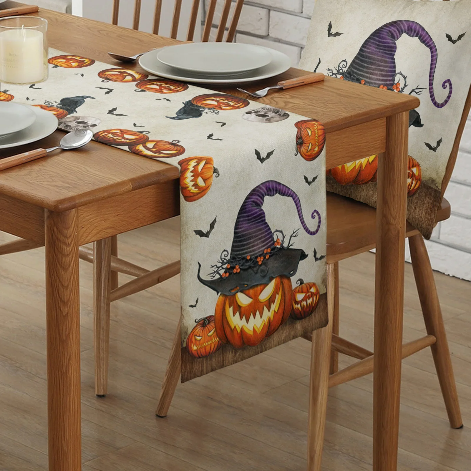 Halloween Horror Pumpkin Bat Linen Table Runners Kitchen Decor Reusable Table Runner for Dining Table Halloween Decorations