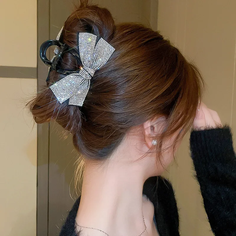 Korean Style Black Silver Color Bowknot Hair Claws Clips for Women Rhinestones Clamps Clip Headwear Girls Jewelry