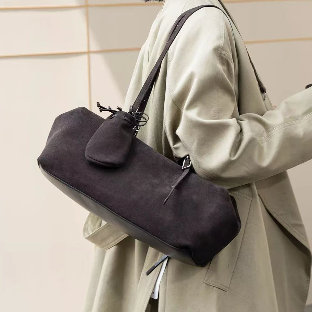 Women's Boston Bowling Bag Suede Leather Print Large Capacity Shoulder Underarm Bag with Mini Drawstring Pouch Commuter Handbag
