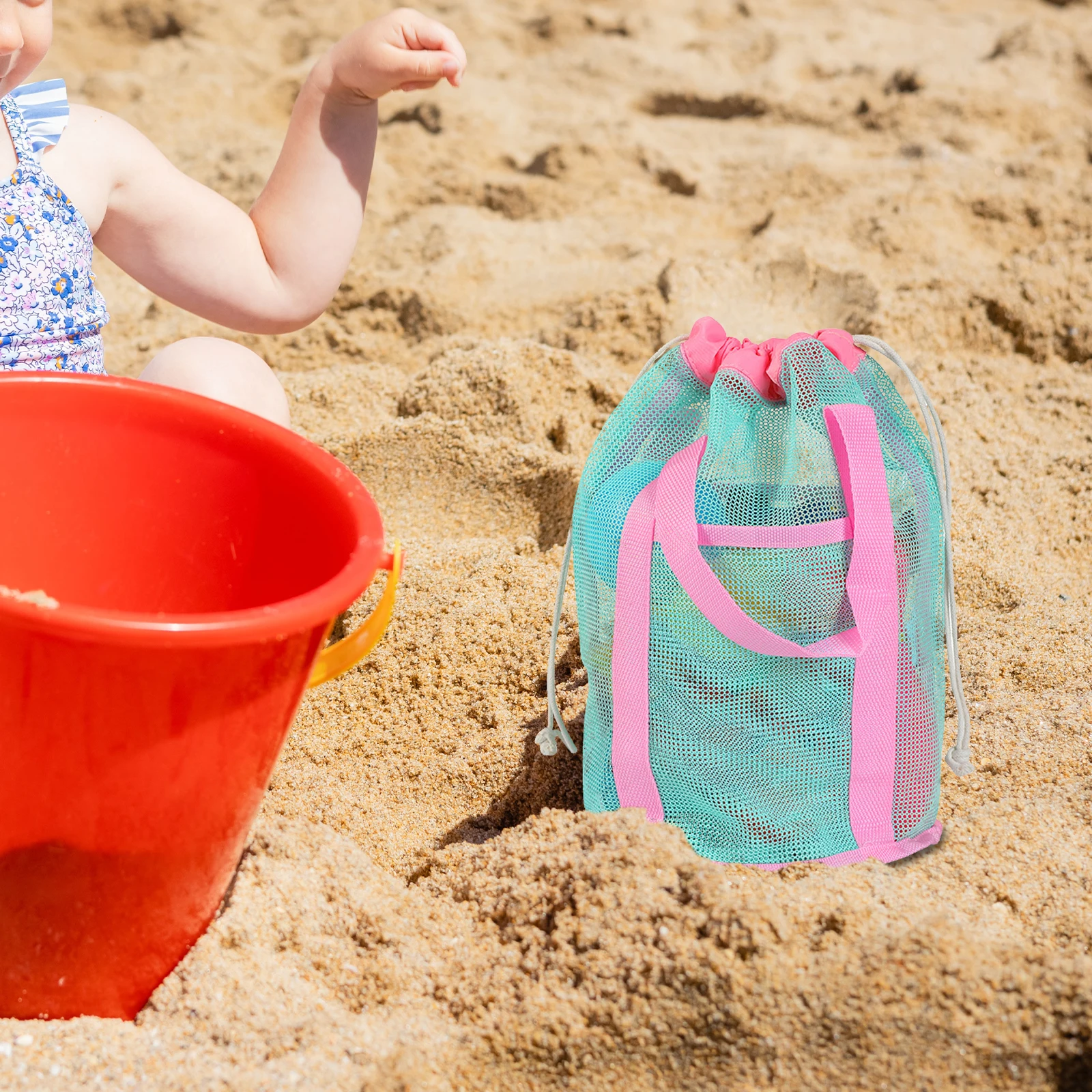 Bolsa de Playa de Malla para Niños, Elegante y Ligera, con Cordón, para Guardar Conchas, Piedras, Arena, para Jugar en el Agua al Aire Libre, Diversión en la Piscina