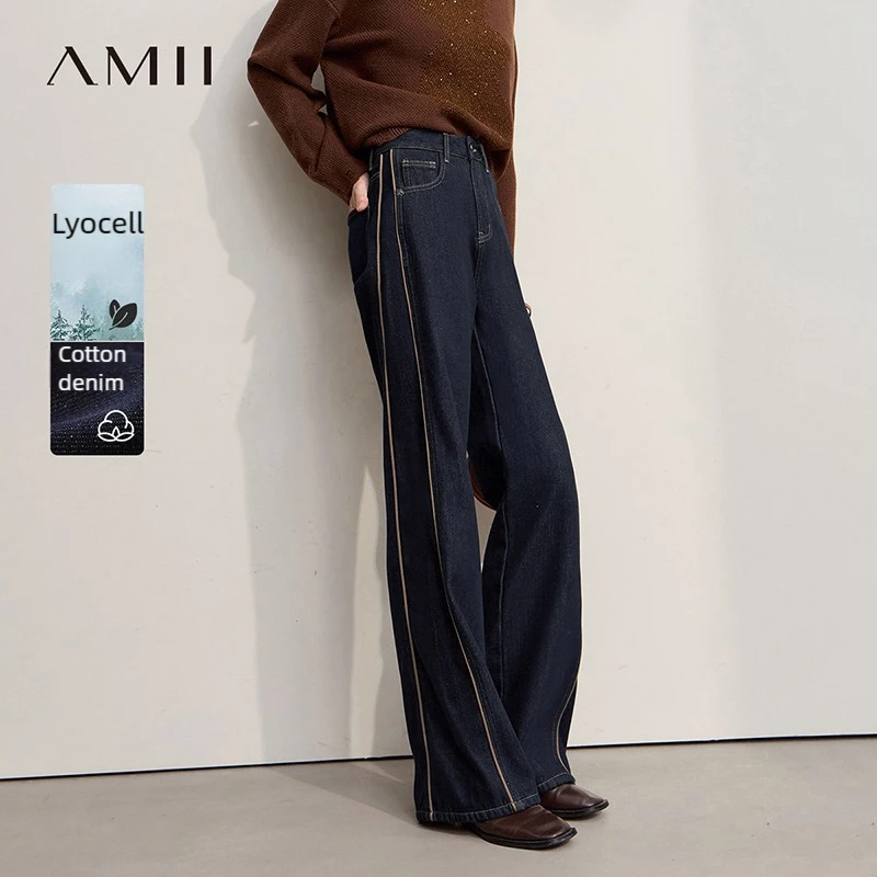 Amii الجينز السراويل للمرأة 2025 شتاء جديد القطن الدافئة المتوسطة ومنخفضة الخصر السراويل واسعة الساق فضفاض سراويل جينز النساء 12544157