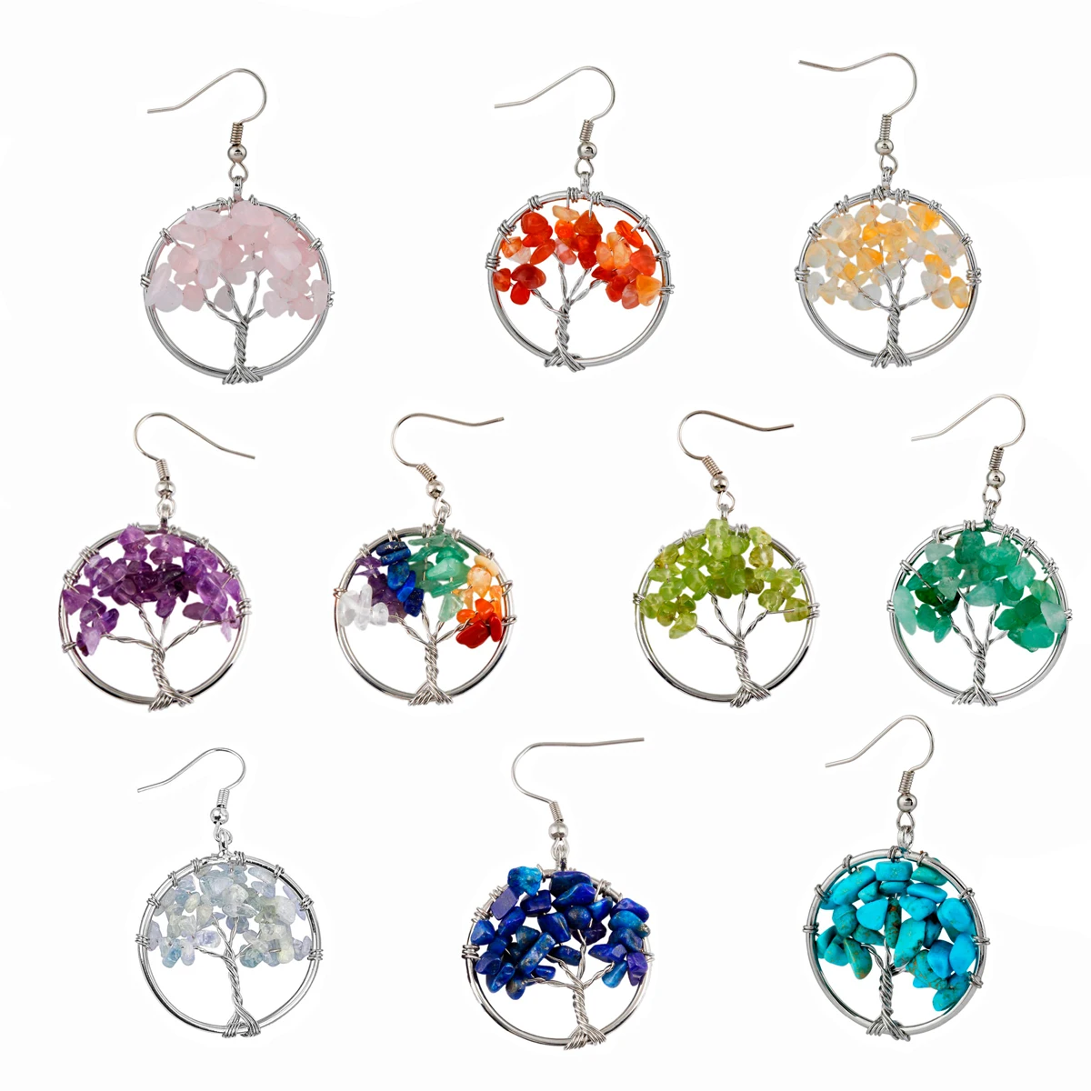 7 Chakra Crystal Hook Earrings Handmade Silver Color Wire Wrapped Chips Stones Life Tree Dangle Drop Charm Female Jewelry