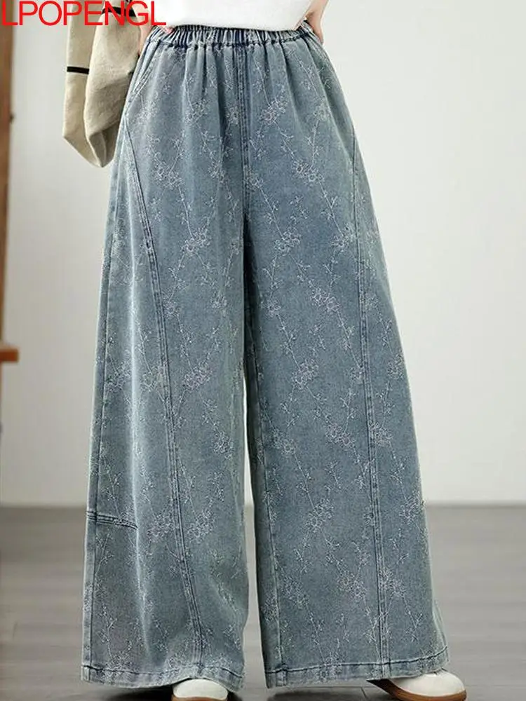 

New Spring And Summer Woman Denim Wide Leg Pants Embroidery Loose Oversize Casual Vintage Versatile Elastic Waist Straight Jeans