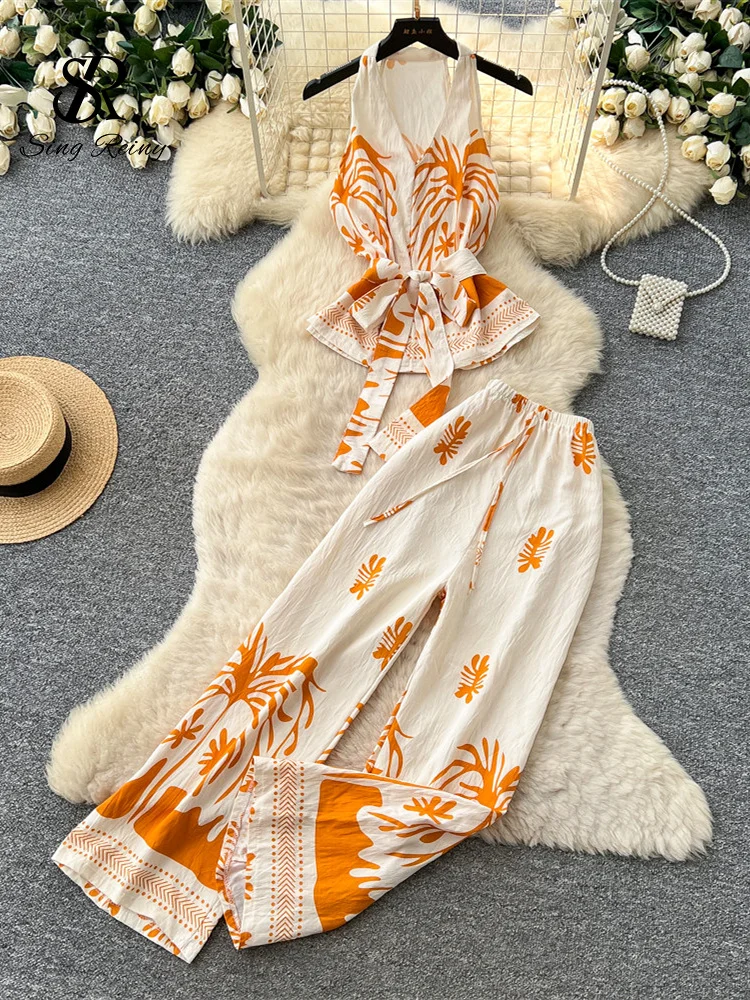 SINGREINY Boho Print Vacation Suits Summer 2026 Sleeveless Lace Up Tank Top+Loose Wide Leg Pant Chic Lazy Casual Women 2pcs Sets