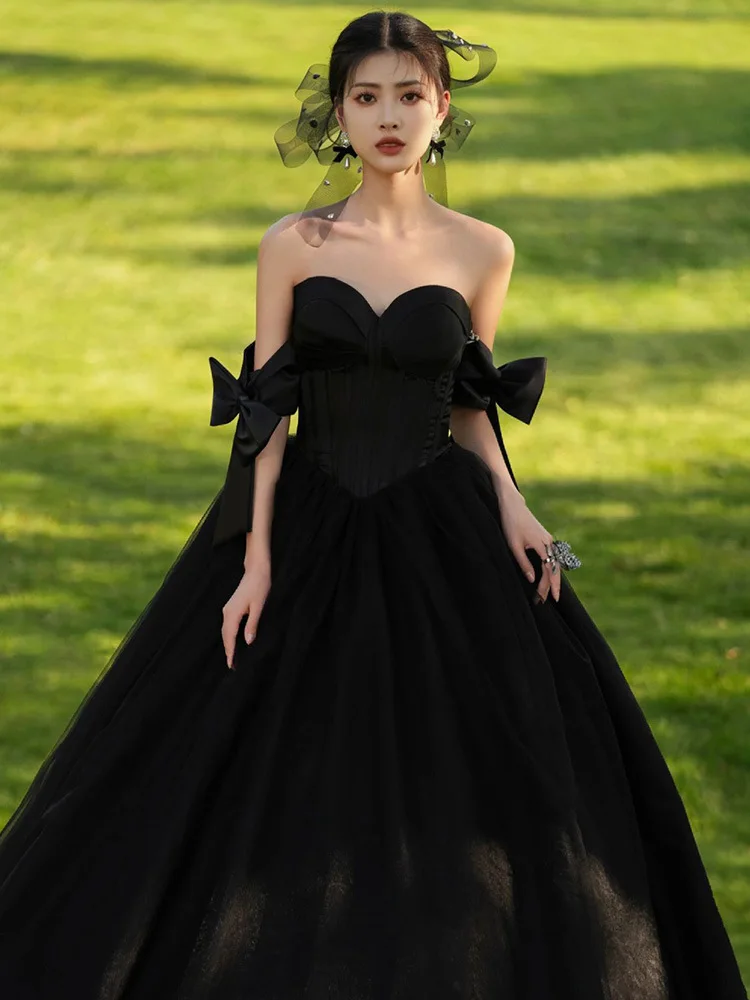 2023 Elegant Party Formal Black Long Tulle Evening Dress Vestidos Women Off Shoulder Prom Dresses Robe De Soiree