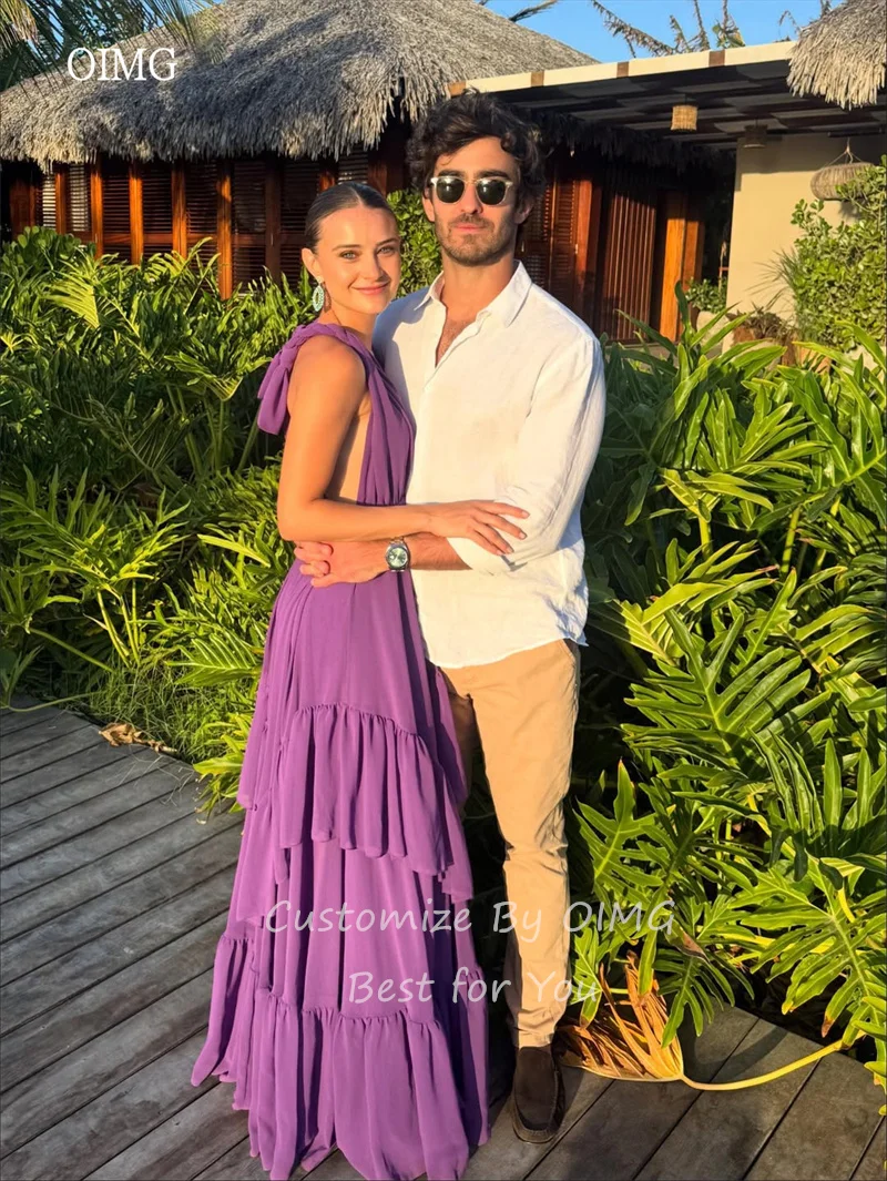 OIMG Viola Scollo a V A Line Abiti da ballo Chiffon Backless Increspato Abito da festa Lunghezza pavimento Abito da sera perfetto per feste Personalizzato