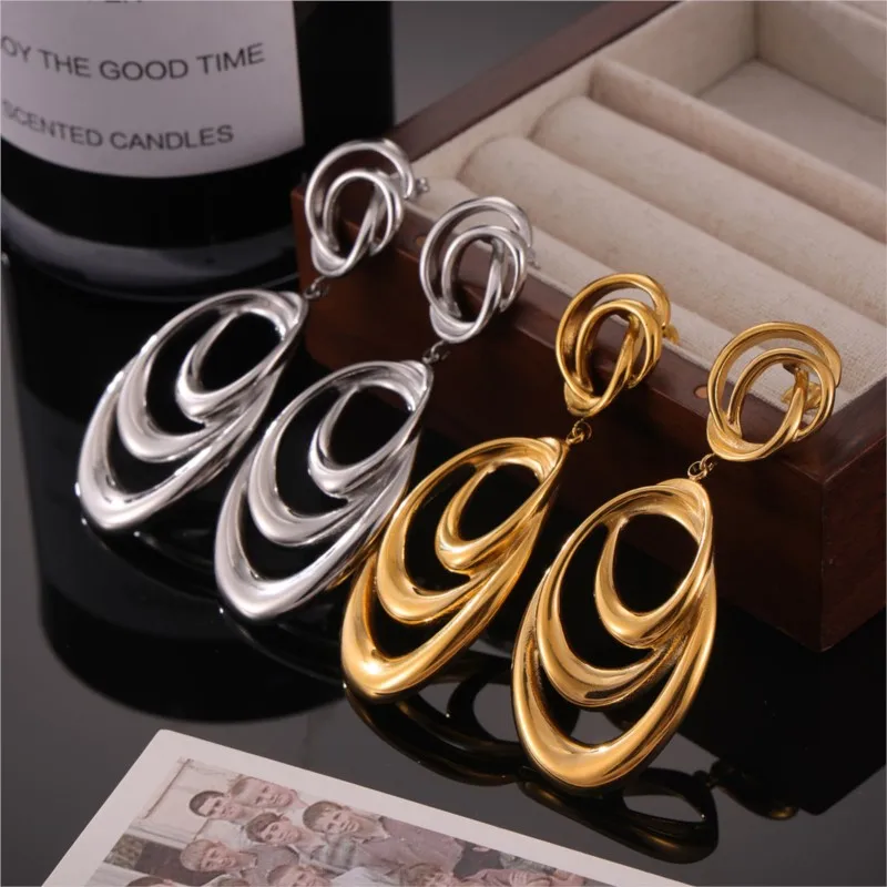 Stainless Steel Hanging Earrings For Women Gold Plated Non-Fading Women\'s Big Large Dangle Earring Girls Silver Color Ear Rings