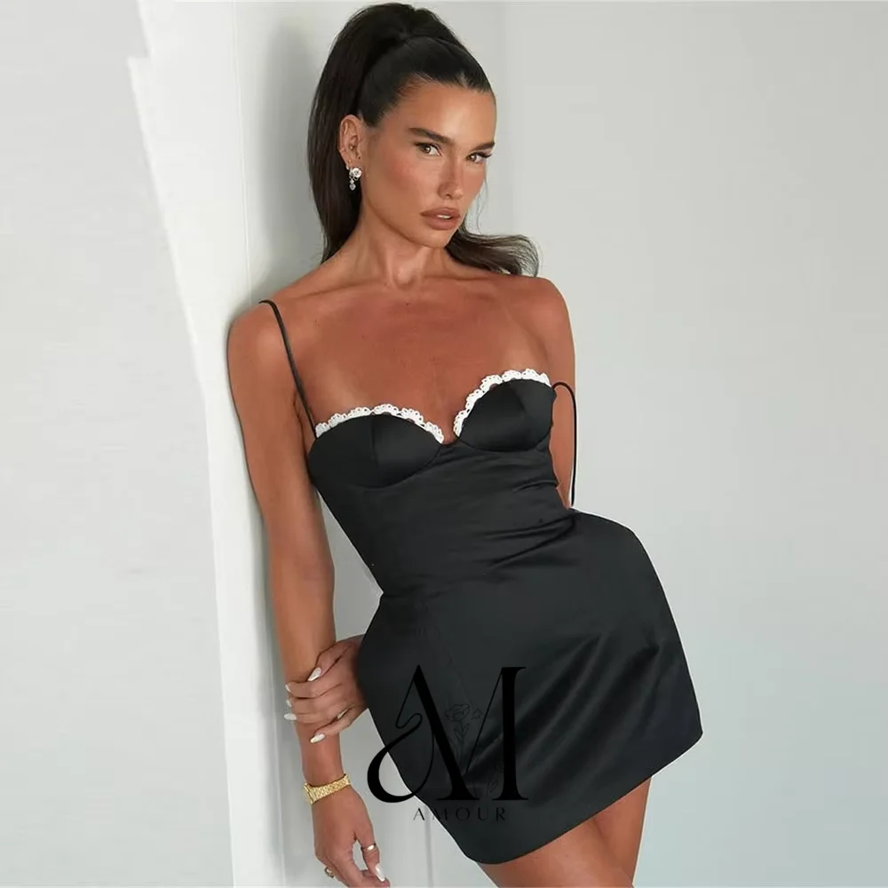 Amour Simple Black Prom Dress Soft Satin Sweetheart Mini Party Dresses Spaghetti Straps Above Knee Vestidos De Gala Customized