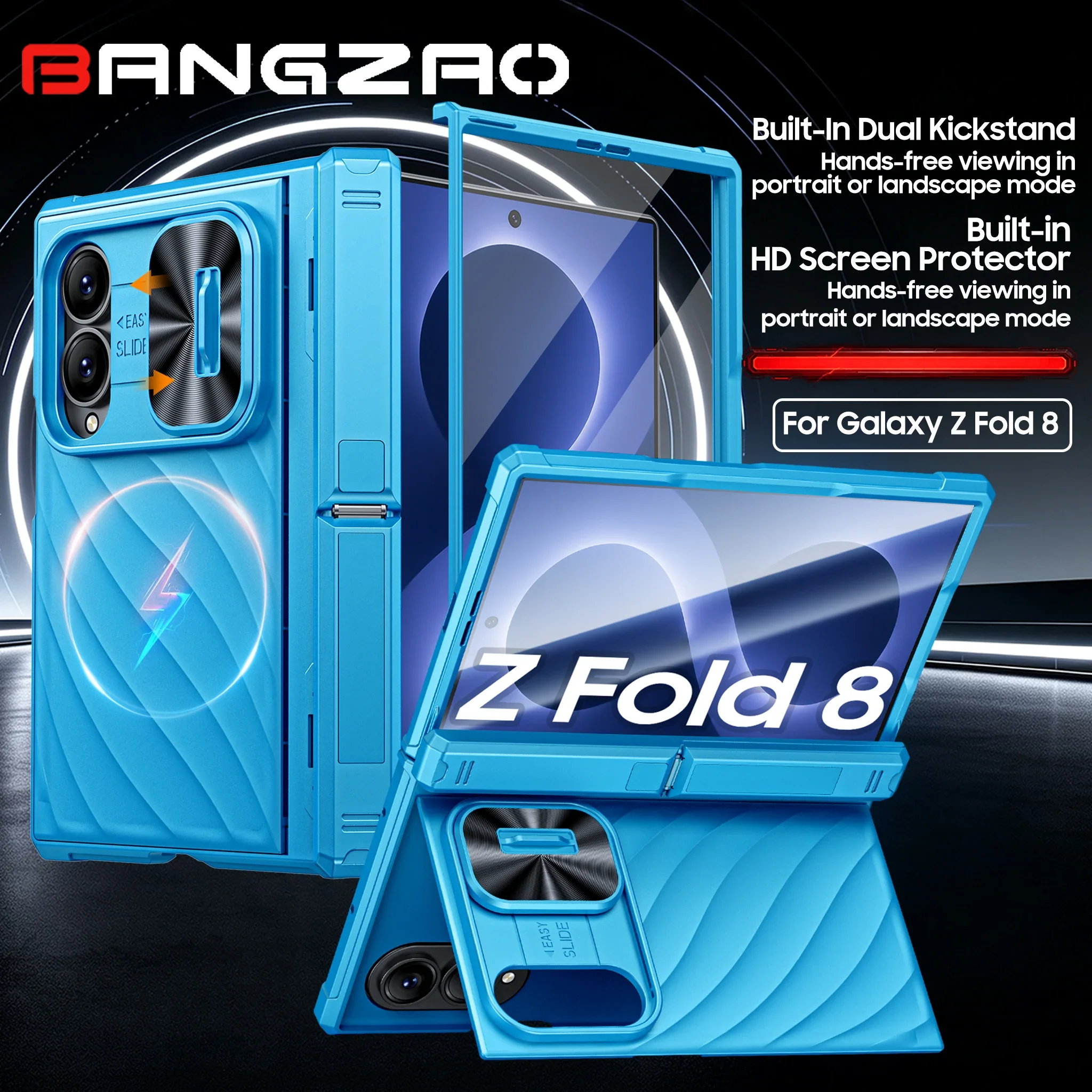 Integrierter Displayschutz aus gehärtetem Glas, mit Magnetfunktion, schlankes, halbtransparentes, mattes Design für die Samsung Galaxy Fold 8 Hülle – Hellblau.