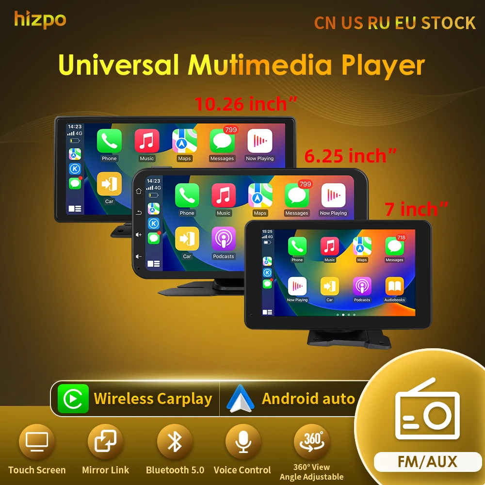 Hizpo Universal Portable Smart Screen Rotatable Car Radio Multimedia Video Player Wireless Carplay for Apple Or Android FM/AUX