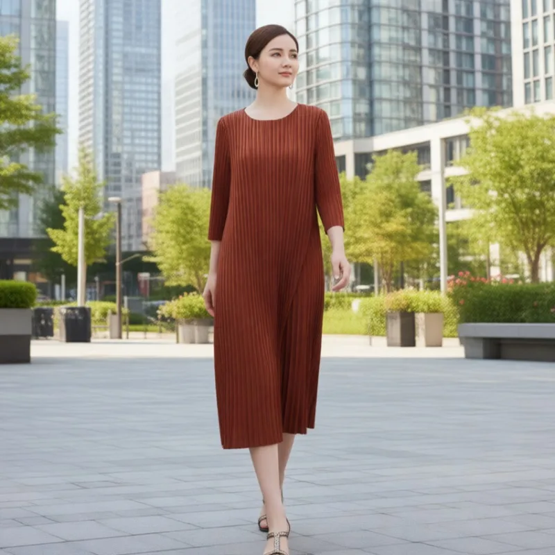 

Miyake женское плиссированное платье 2026, весеннее новое простое модное офисное длинное платье большого размера, эластичная одежда без морщин