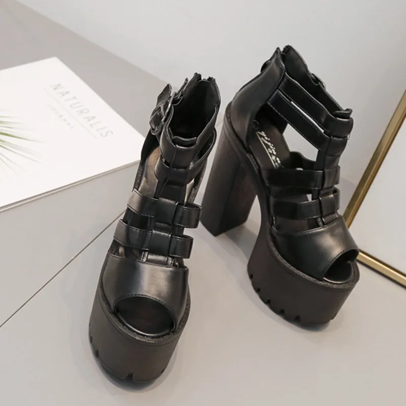 جديد 2025 المرأة صنادل عالية الكعب 15 سنتيمتر سميكة القاع النمط الأوروبي الأمريكي موضة أحذية النساء بسيطة للمكتب وغير رسمية