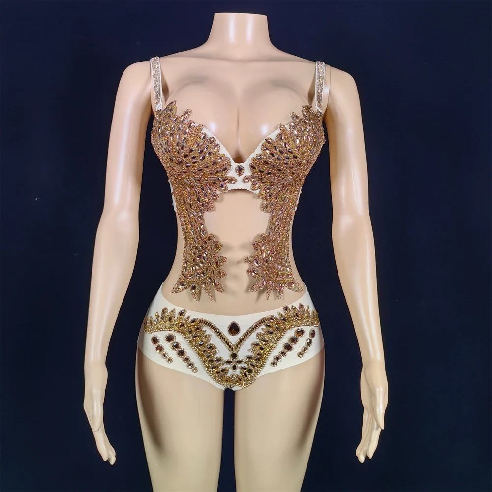 

Sexy Perspective Diamond Tight Bikini Nightclub Stage Performance Dress Gold Crystal Bodysuit Women Gogo Party Dress DN17999