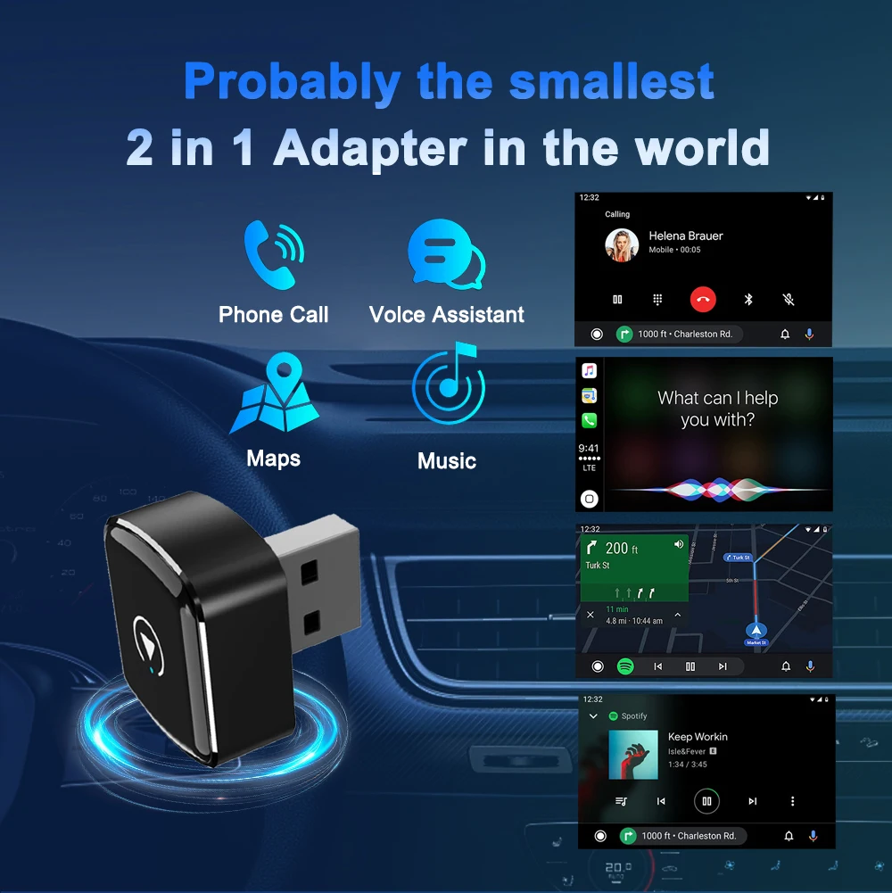 محول CarPlay وAndroid Auto اللاسلكي 2 في 1 - توصيل وتشغيل، توصيل تلقائي سريع، منافذ USB/USB-C، ملحقات السيارة الأساسية