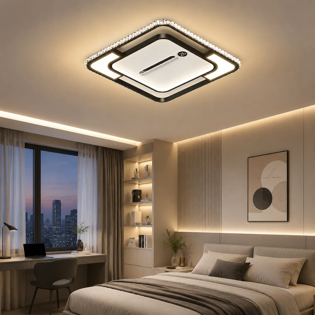 Modern Smart Bladeless Flush Mount Ceiling Fan Light, LED Ceiling Lamp Remote Controlled, 3 Color Temp & Wind Speed Adjustable