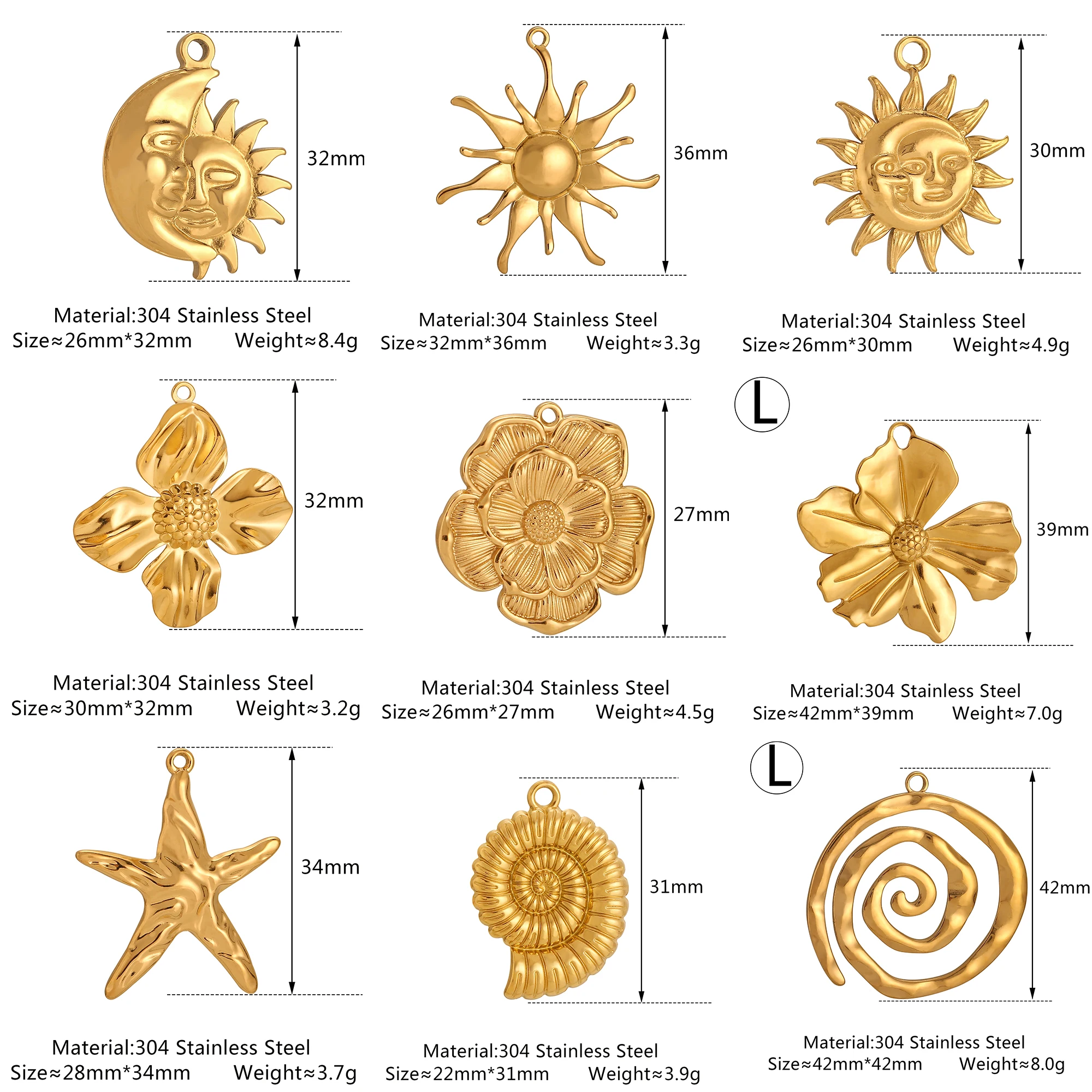 3Pcs Spiral Shell/Starfish/Conch/Sun Flower Charms Gold Color Stainless Steel Large-Size Pendants DIY Necklace Earrings Making