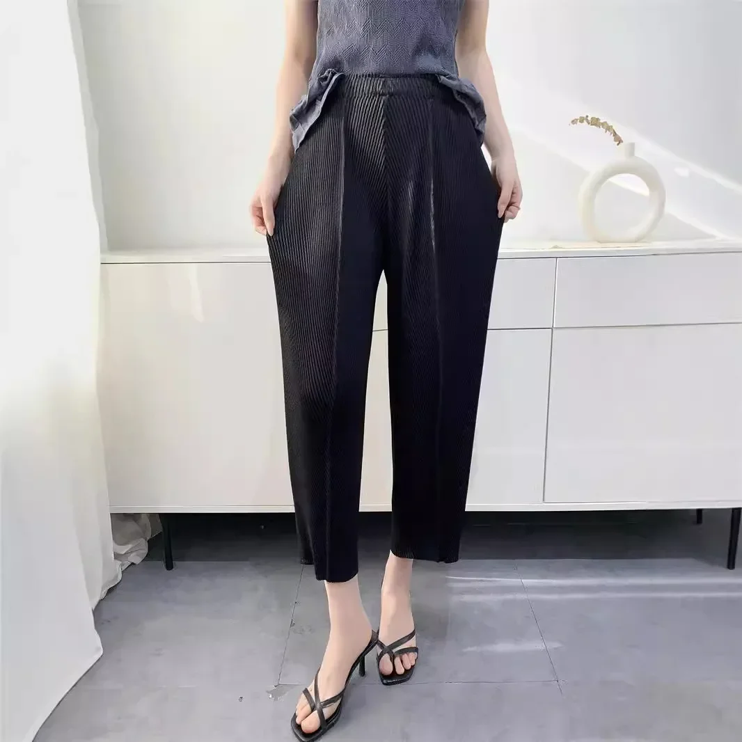 Calça harém plissada para mulheres, padrão de escama de peixe, textura nove calças cenoura, plissada, nicho do senso design, primavera, verão, novo, 2022