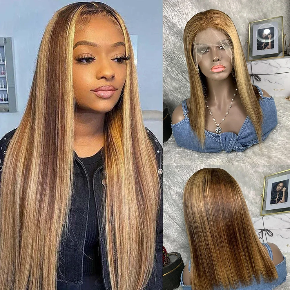 

Straight Lace Front Human Hair Wig Ombre Brown Honey Color Lace Front Straight Wig 13x4 Transparent Lace Frontal Wigs for Women