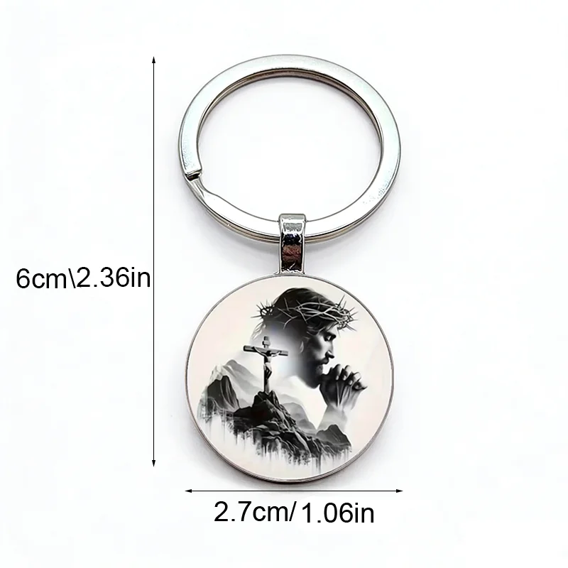 Retro style black and white cross and mountain background pattern alloy keychain with nostalgic design