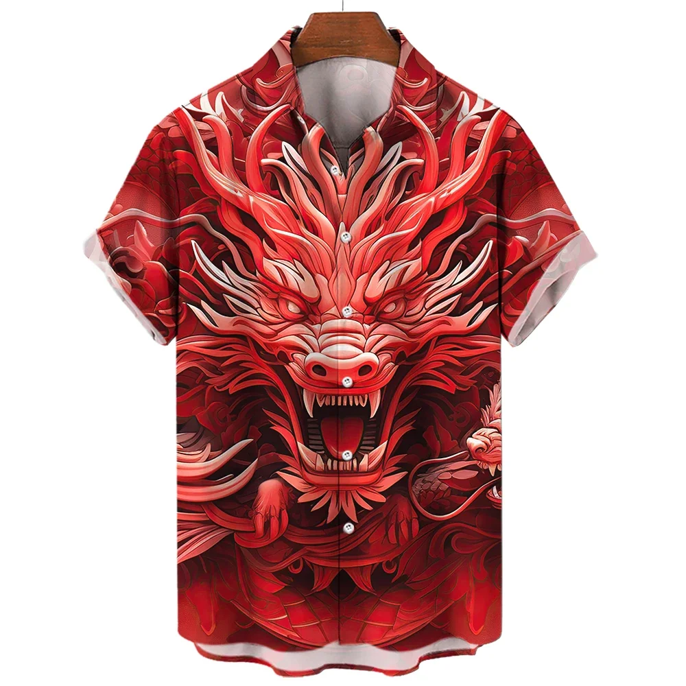 New Men's Shirts 2024 Dragon Short Sleeve Tops Casual Lapel Button New Year Tops Funny 3D Pattern Shirts Men's Fashion Tops