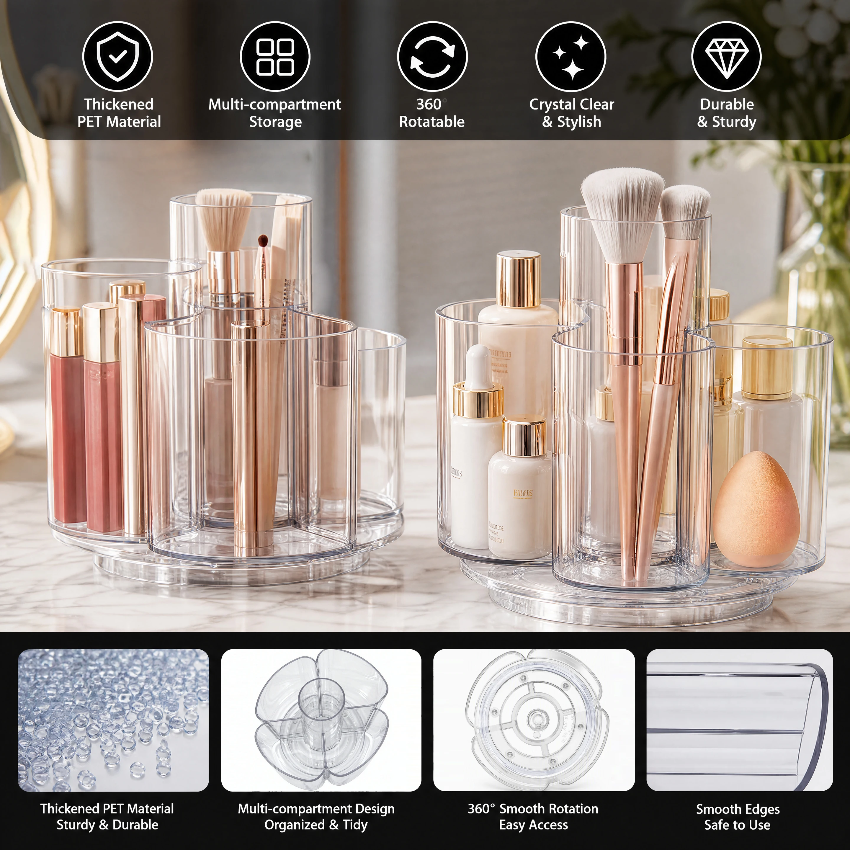 2Pack Rotating Organizer - Clear Multi Compartments for Toothbrush, Comb and Razor, Brushes, Lipsticks and Eyeliners, Fits Bathr