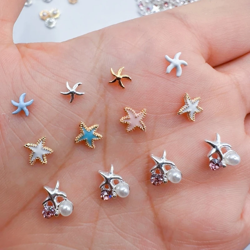 

10pcs 3D Summer Ocean Nail Art Charms Parts Alloy Starfish Pearl Shell Design Nail Rhinestone Decorations DIY Nails Accessories