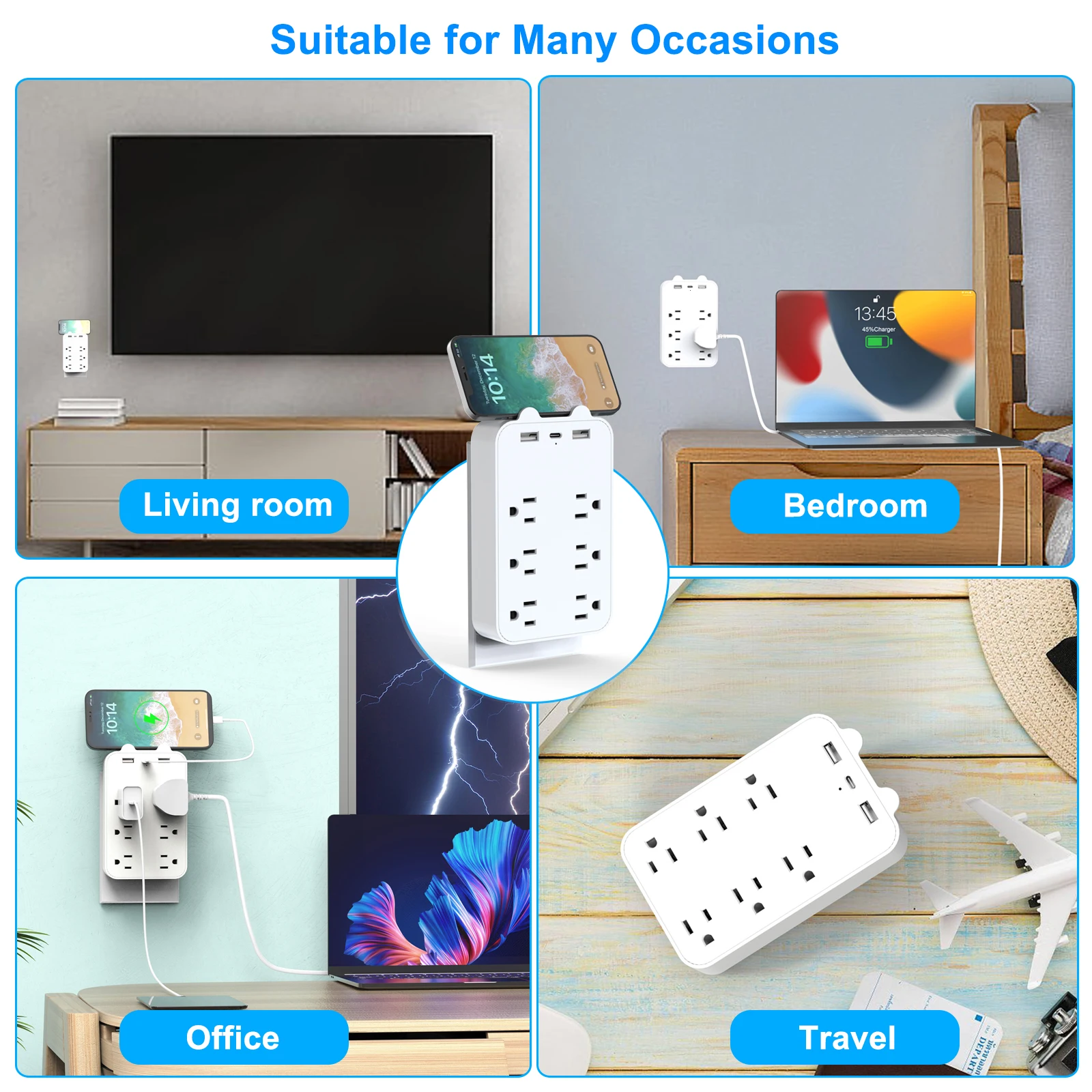 USB Wall Mount  Power Strip, Surge Protected Power Outlet Extender with 6 Outlets and 3 USB Ports, Extender & Surge Protector,US