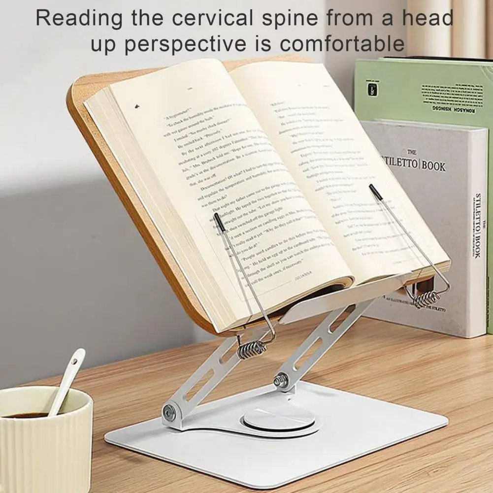 Adjustable Book Stand Ergonomic Reading Stand Liftable Wooden Book Holder with 360° Swivel Base Elastic Page Clips for Music