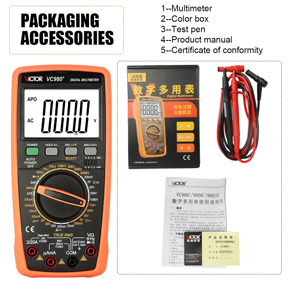 Victor 980+ High-Precision Digital Multimeter 19999 Counts 1000V 20A AC/DC Frequency Testing Meter Intelligent Triode Tester