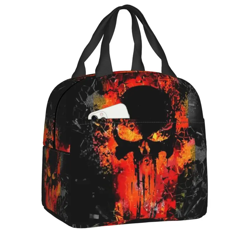 

Custom Punisher Lunch Bag Women Comics Skull Symbol Warm Cooler Insulated Lunch Box for Student School