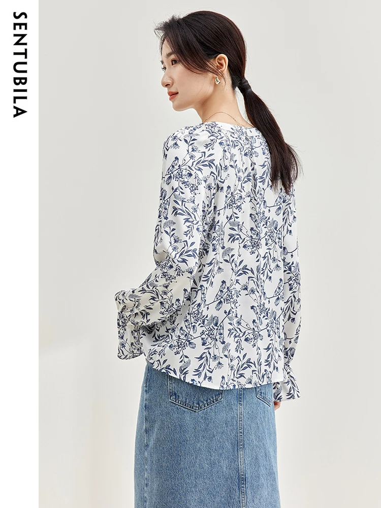 SENTUBILA Tie Round Neck Print Chiffon Blouse Tops for Women 2024 Elegant Loose Long Flare Sleeve Shirts & Blouses 133V51660