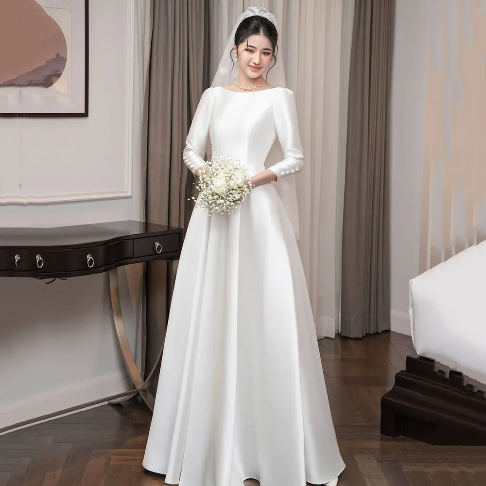 

Simple Satin Wedding Dress For Bride Women Long Sleeve A-Line Bridal Gown Customized Elegant Korea Wedding Party Dress 2025