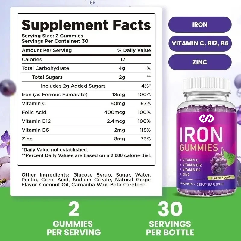 Ladies and Children's Iron Gummies ， Containing Vitamin C B12、B6、 Zinc - Replenishes Blood and Energy, Alleviates Anemia,60pills