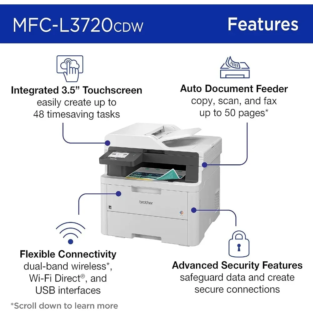 MFC-L3720CDW Wireless Digital Color All-in-One Printer with Laser Quality Output, Copy, Scan, Fax, Duplex, Mobile Includes