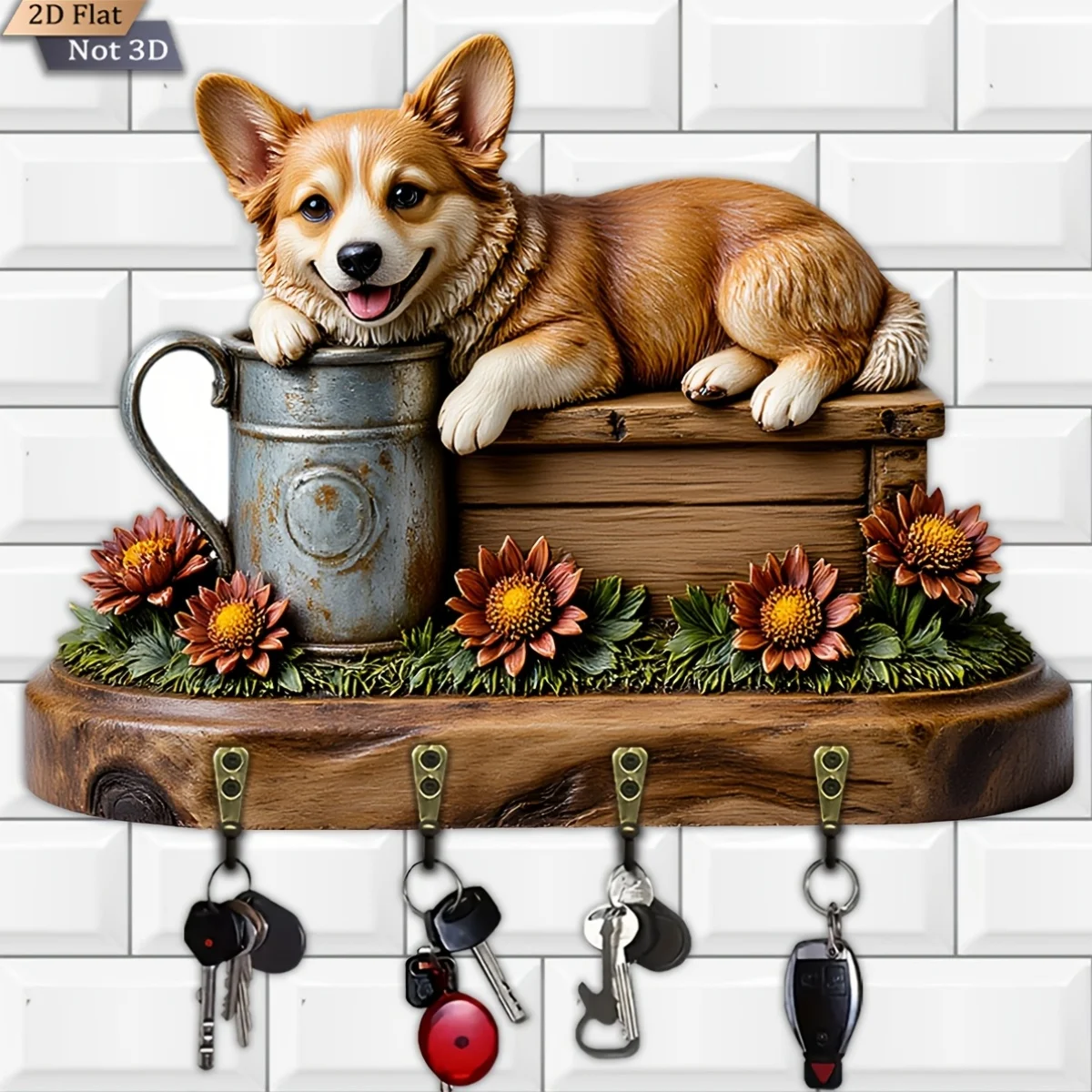 2D Flat, 1pc, Corgi Floral Theme Style Key Hook Wooden Multifunctional Home Key Hanger with Four Metal Hooks, Wall Decoration,