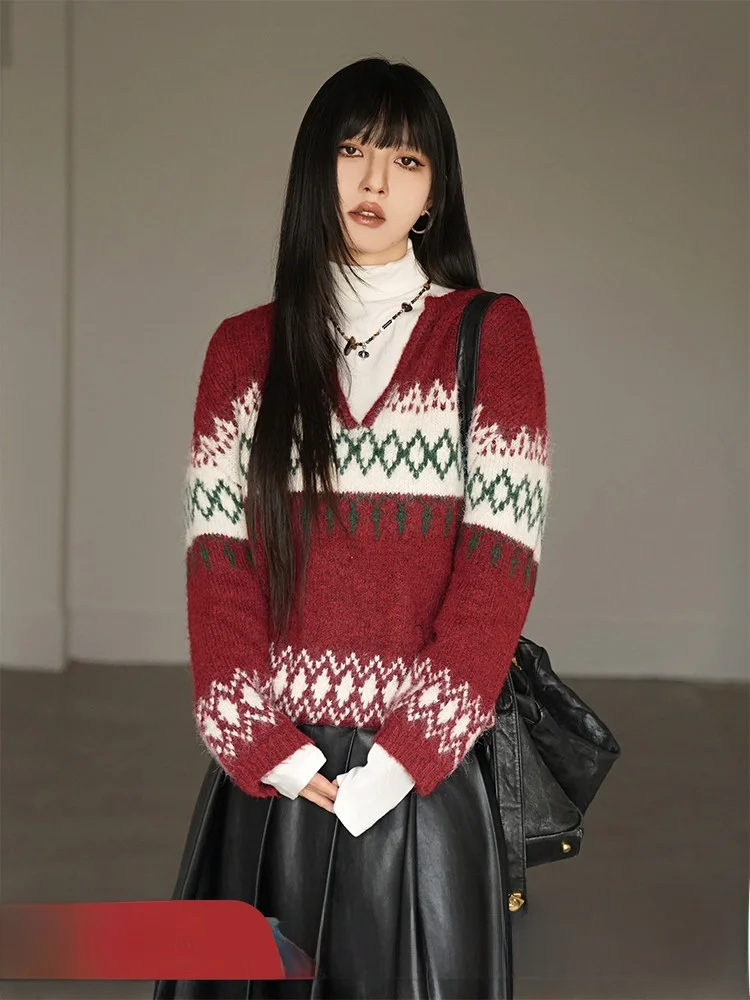 

Женский теплый вязаный свитер с V-образным вырезом в стиле ретро Fair Isle, свободного кроя, для осени и зимы, уличный стиль