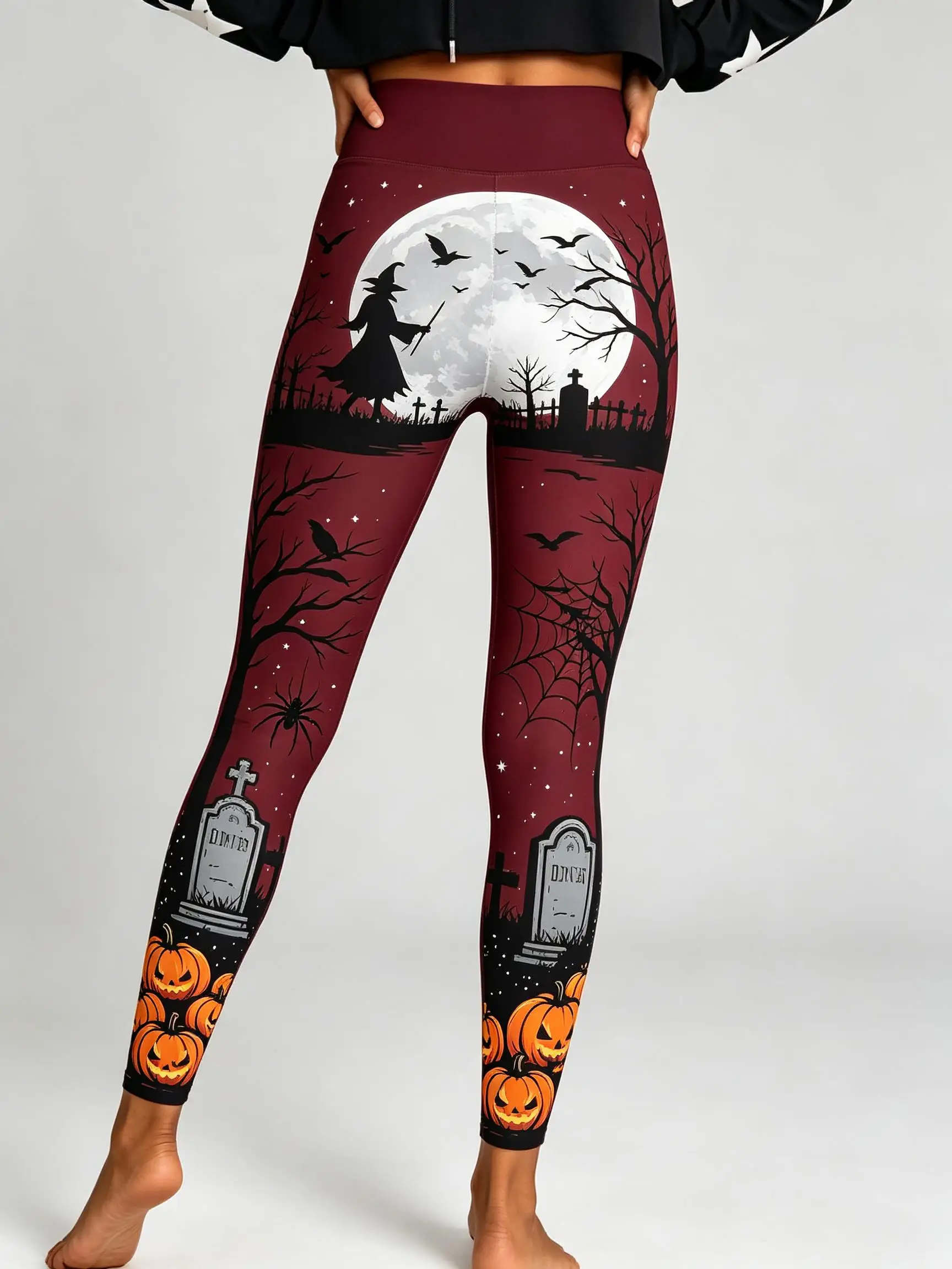 Women Fleece‑lined Mid‑rise Leggings Pastel Halloween Witch Moon Bat Bare Tree Pumpkin Print Slim Stretch Casual Pants