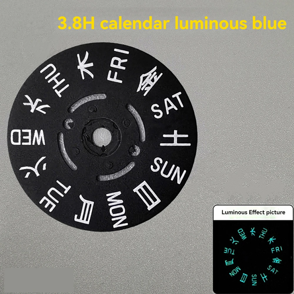 1 pz Blu/Verde Luminoso Settimana Giapponese Dail Sostituzione Nero Bianco Quadrante Orologio Calendario @3/3.8O'clock per Movimento NH36A/NH36