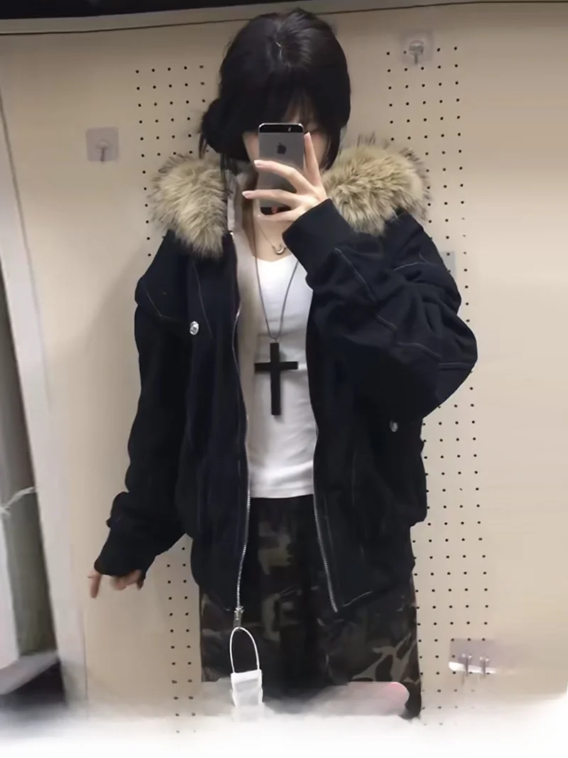 

American Sle Retro Hooded Cotton Jaet Women's Loose Casual Zipper Open Cardigan ort Cotton Clothes Winter New Design