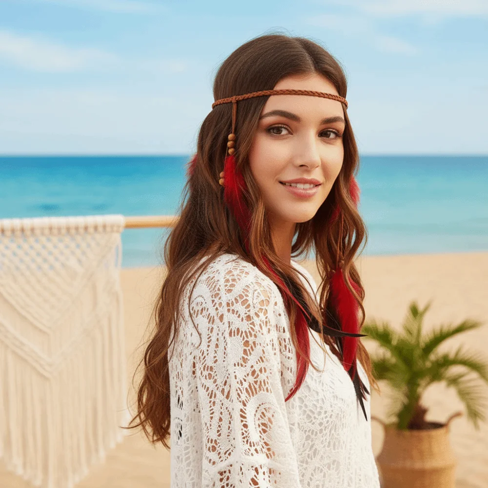 Cascading Tassels Long Feather Headpiece Intricate Beadwork Hand-tied Plumage Bohemian Tassel Headband Slip-knot Adjuste