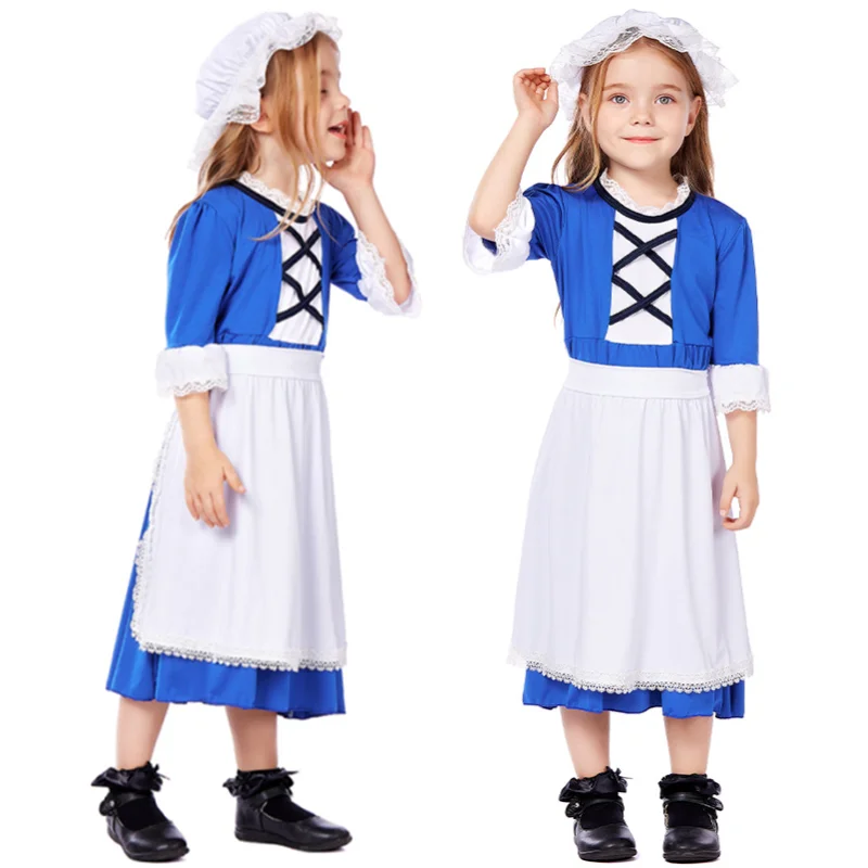 2024 New Kids Child Victorian Poor Girl Costume Colonial Village Peasant Girls Dress Halloween Carnival Stage Cosplay Dress Sets