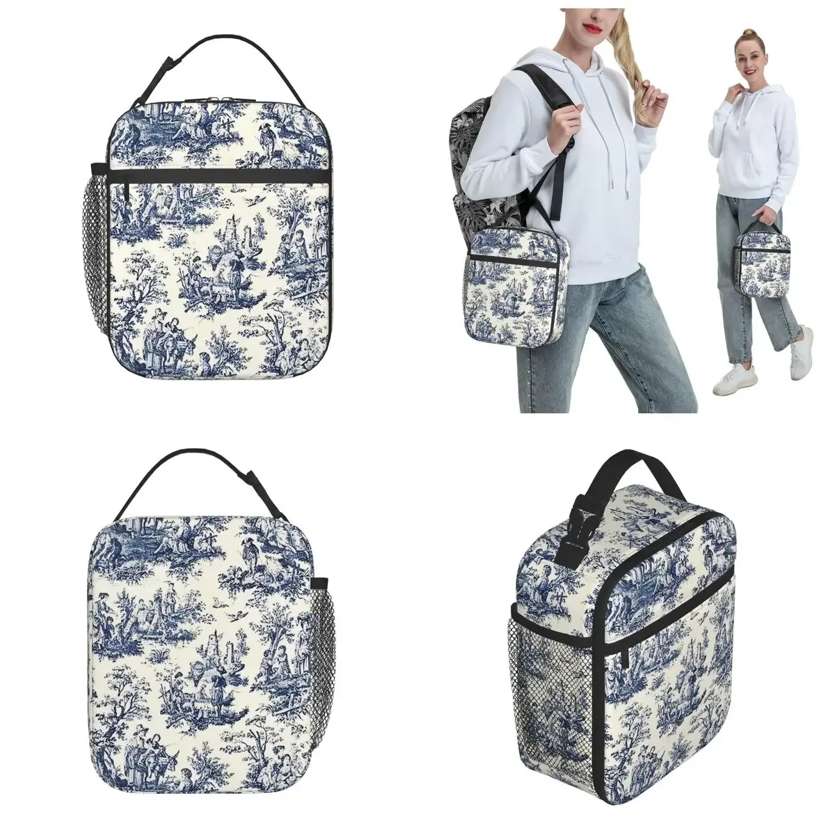 Nomades Artsy Vintage Toile De Jouy Navy And White Insulated Lunch Bag Large Reusable Cooler Bag Tote Lunch Box  Men Women