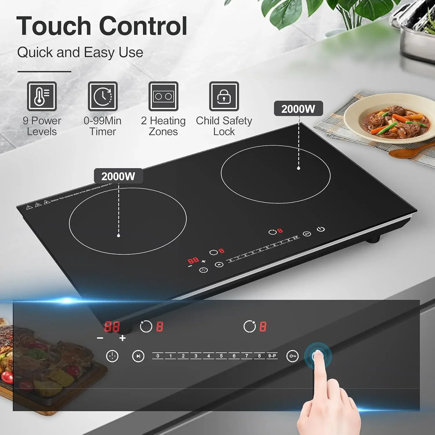 Cooktop de indução dupla, fogão de indução de 24 polegadas 4000W com placa quente, cooktop elétrico com tela sensível ao toque LCD 9 níveis Setti