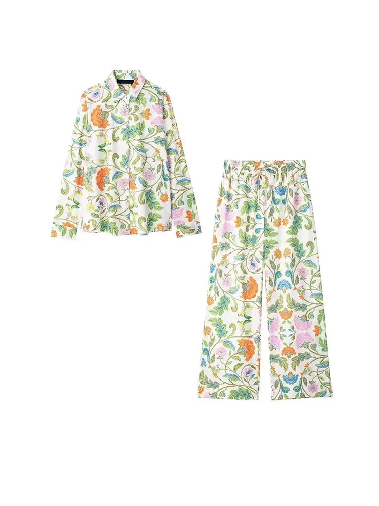 

Flower Printed Trouser Suits Women 2 Pieces Casual Turn Down Collar Long Sleeve Shirt Wide Leg Pant Autumn Female Two Piece Sets
