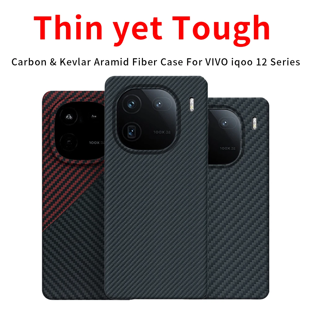 

For vivo iqoo 12/12 Pro carbon case aramid fiber kevlar fabric thin hard cover balck Slim light red 600d premium 1500D bumper