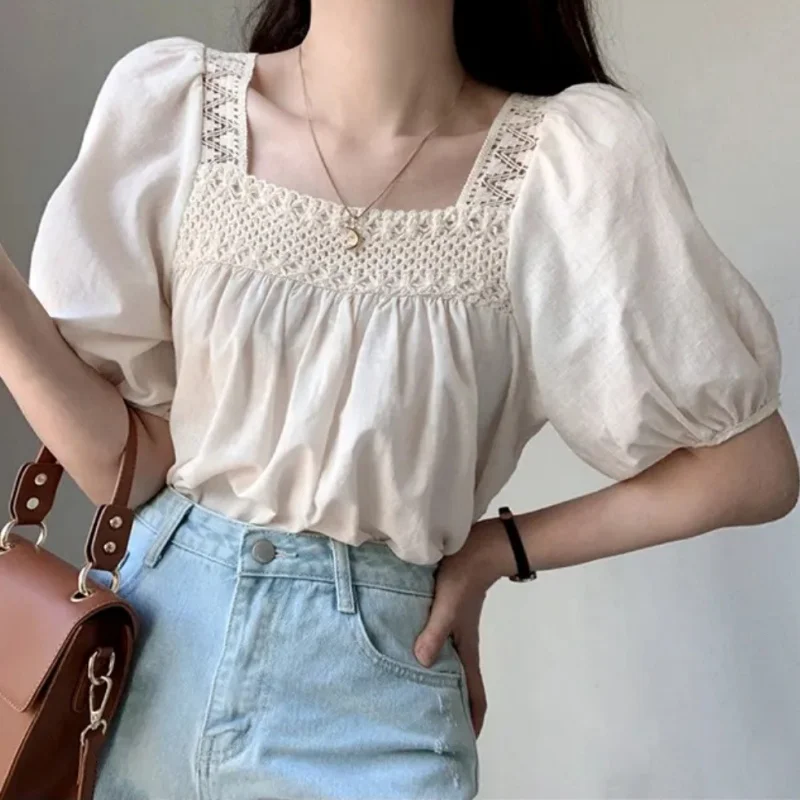 Vintage Puff Sleeve Women Blouses Fashion Summer Square Neck Half Sleeve Lace Loose Casual Tops