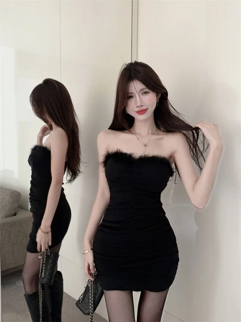 

Temperament Spicy Girl Plush Splice Bra Dress Women Fashion Folded Backless Celebrity Korean Solid Slim Party Lady Hip Wrap Wear