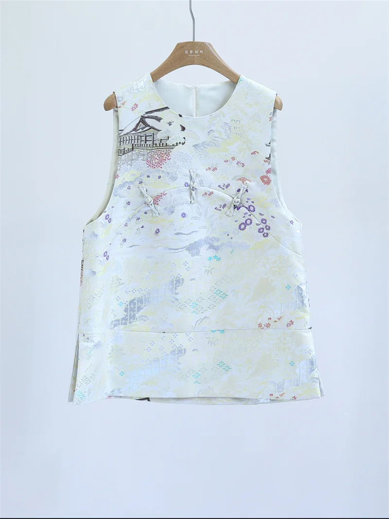 Chaleco largo de punto bicolor con bordado chino y hilo dorado para mujer, con cuello redondo y botones, estilo mixto, para uso en capas, y falda con abertura.